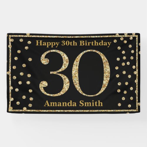 Happy 30th Birthday Banner Black and Gold Glitter