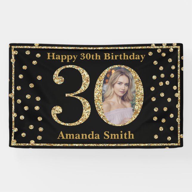 Happy 30th Birthday Banner Black and Gold Photo (Horizontal)