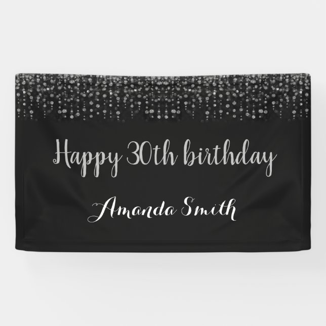 Happy 30th Birthday Banner. Black Silver Glitter Banner (Horizontal)