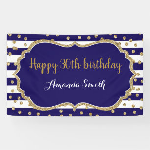 Happy 30th Birthday Banner.Navy Blue Gold Glitter Banner