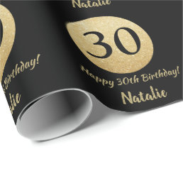 Happy 30th Birthday Black and Gold Glitter Wrapping Paper