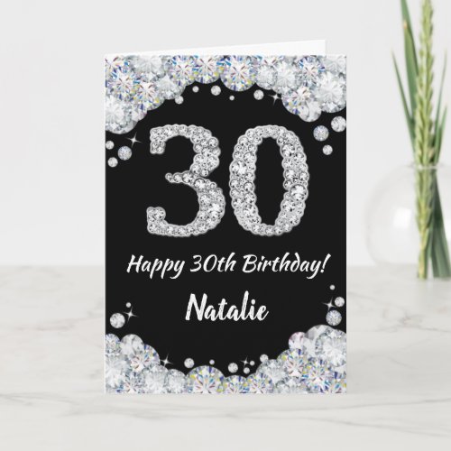 Happy 30th Birthday Black and Silver Glitter Card