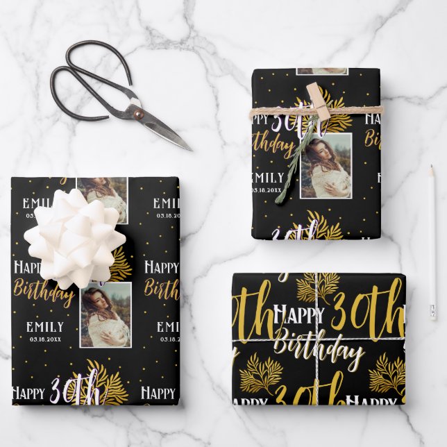 Happy 30th Birthday Black Gold Foliage Photo  Wrapping Paper Sheets (Front)