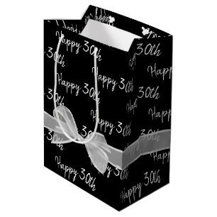 Happy 30th Birthday Bow On Black Medium Gift Bag