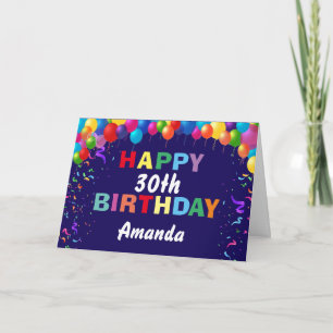 Happy 30th Birthday Colorful Balloons Navy Blue Card