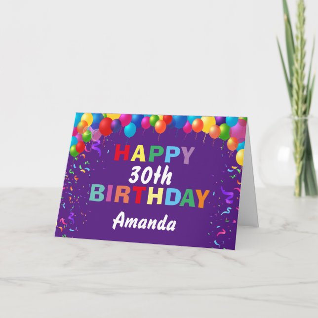 Happy 30th Birthday Colorful Balloons Purple Card (Front)