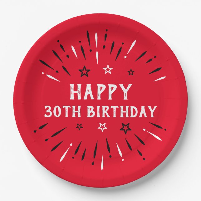 Happy 30th Birthday Fireworks Red Black White Paper Plates (Front)