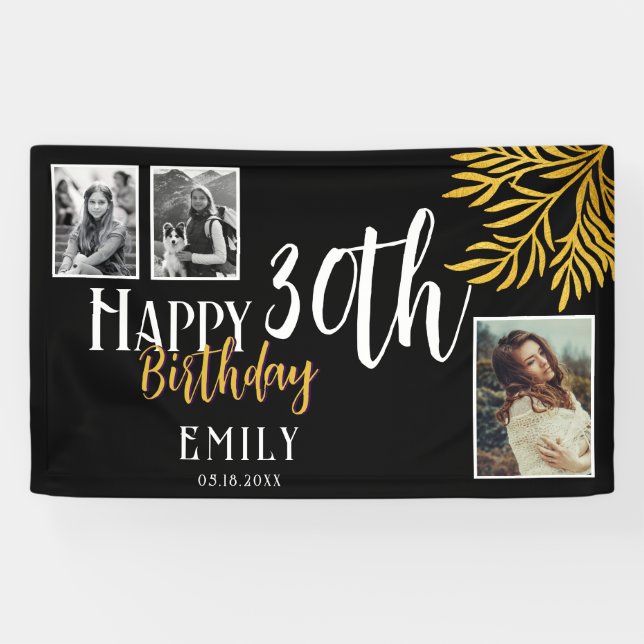 Happy 30th Birthday Gold Foliage 3 Photo Backdrop Banner (Horizontal)