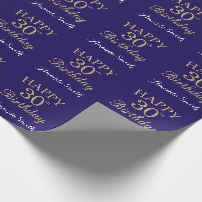 Happy 30th Birthday Gold Glitter and Navy Blue Wrapping Paper (Corner)