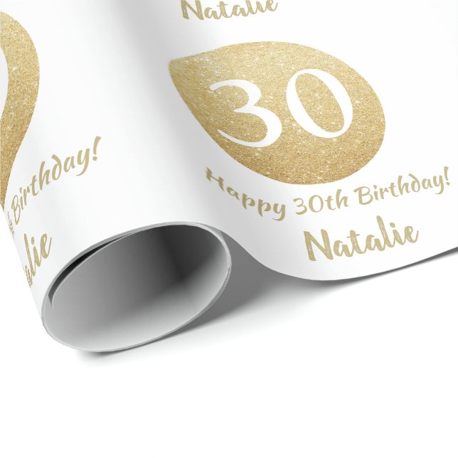 Happy 30th Birthday Gold Glitter and White Wrapping Paper (Roll Corner)