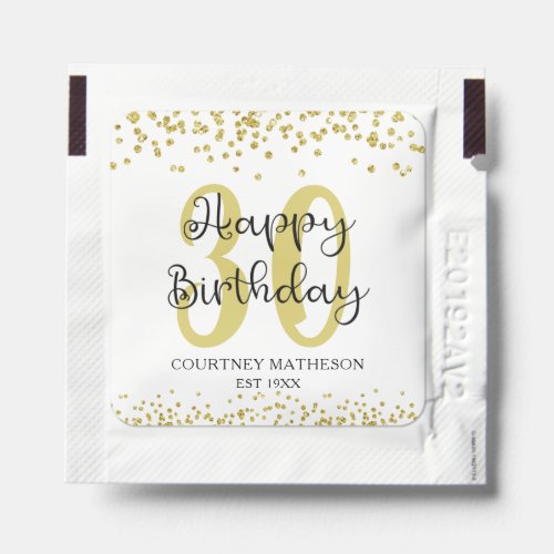 Happy 30th Birthday Gold Glitter Script Favor Hand Sanitizer Packet - Create a 30th or any birthday party favor with these hand sanitizer packets designed with gold glitter confetti and script HAPPY BIRTHDAY and personalized with their age, name and date (or other text you choose). Contact the designer via Zazzle Chat or makeitaboutyoustore@gmail.com if you'd like this design modified, on another product or coordinating items.