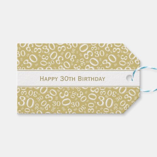 Happy 30th Birthday GoldWhite Number Pattern Gift Tags