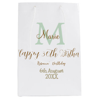 Happy 30th Birthday golden green pastel monogram Medium Gift Bag