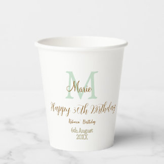 Happy 30th Birthday golden green pastel monogram Paper Cups