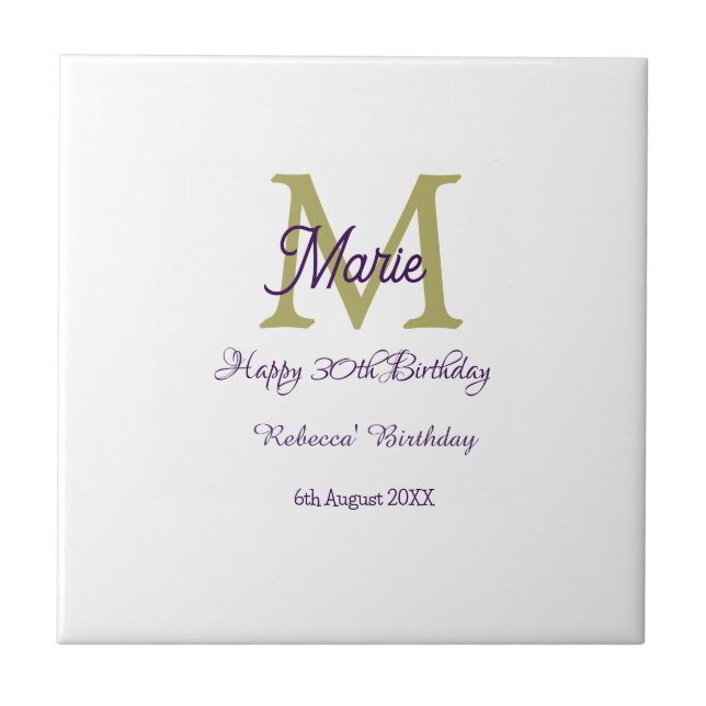 Happy 30th Birthday goldenadd name monogram modern Ceramic Tile (Front)