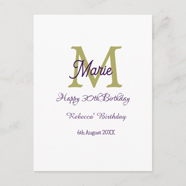 Happy 30th Birthday goldenadd name monogram modern Postcard (Front)