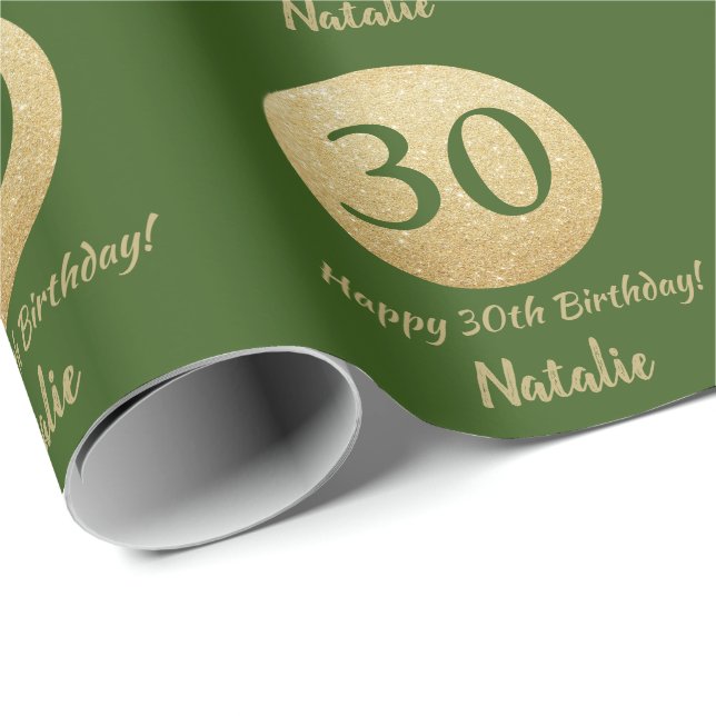 Happy 30th Birthday Green and Gold Glitter Wrapping Paper (Roll Corner)