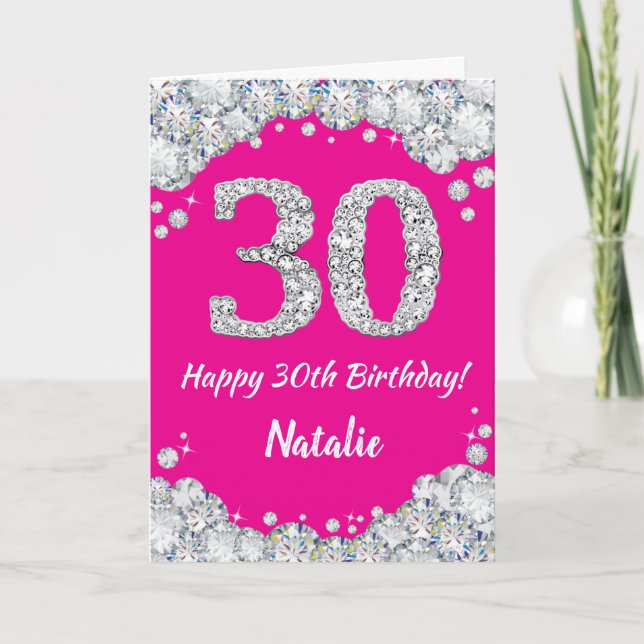 Happy 30th Birthday Hot Pink Silver Glitter Card (Front)