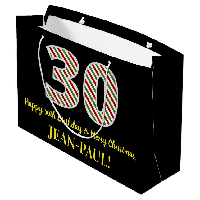 Happy 30th Birthday & Merry Christmas, Custom Name Large Gift Bag (Back Angled)