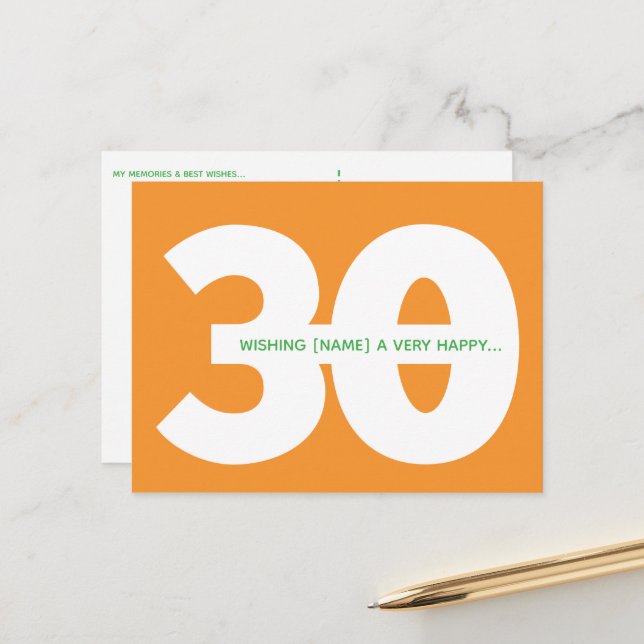Happy 30th Birthday Milestone Postcards in Orange (Front/Back In Situ)