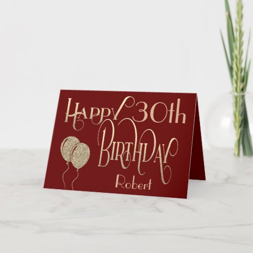 Happy 30th Birthday Name Gold Text Burgundy Card
