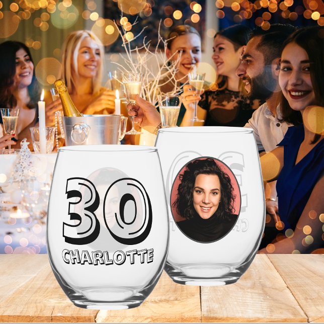 Happy 30th Birthday Photo And Name Party Stemless Wine Glass (Front And Back - In Situ)