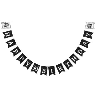 Happy 30th Birthday Photo Black Glitter Bunting Flags