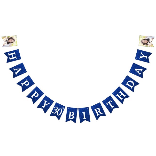 Happy 30th Birthday Photo Blue Glitter Bunting Flags (All)