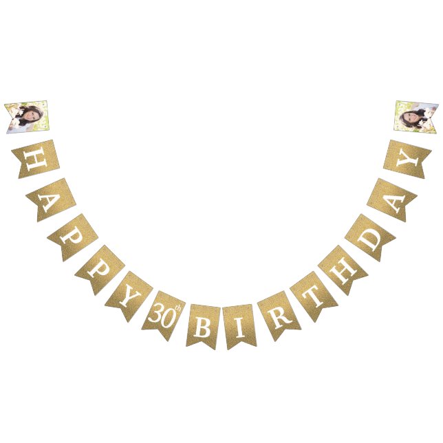 Happy 30th Birthday Photo Gold Glitter Bunting Flags (All)