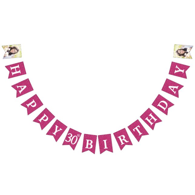 Happy 30th Birthday Photo Hot Pink Glitter Bunting Flags (All)