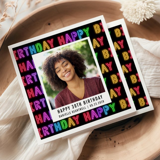 Happy 30th Birthday Photo Rainbow Neon Napkins (Creator Uploaded)