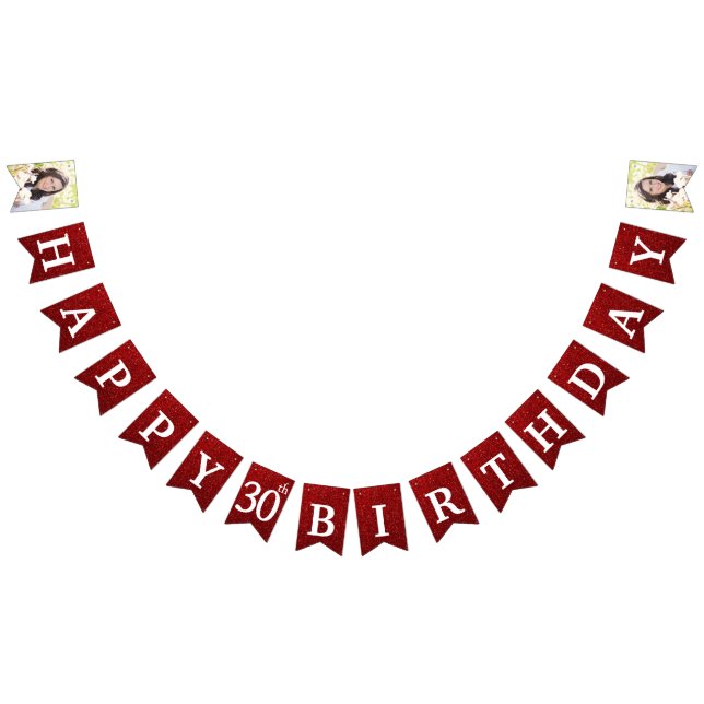 Happy 30th Birthday Photo Red Glitter Bunting Flags (All)