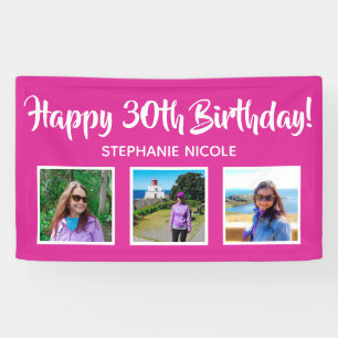 Happy 30th Birthday Pink Personalized 3 Photos Banner