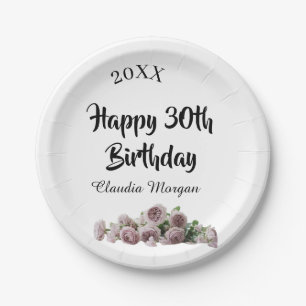 Happy 30th birthday pink white mauve floral name y paper plates
