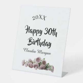 Happy 30th birthday pink white mauve floral name y pedestal sign