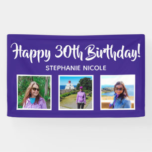Happy 30th Birthday Purple Personalized 3 Photos Banner