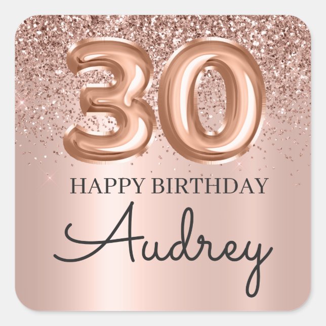  Happy 30th Birthday Rose Gold Glitter Monogram  Square Sticker (Front)