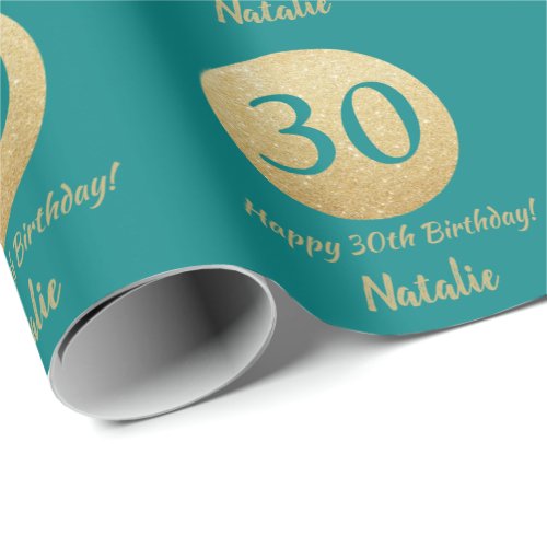 Happy 30th Birthday Teal and Gold Glitter Wrapping Paper