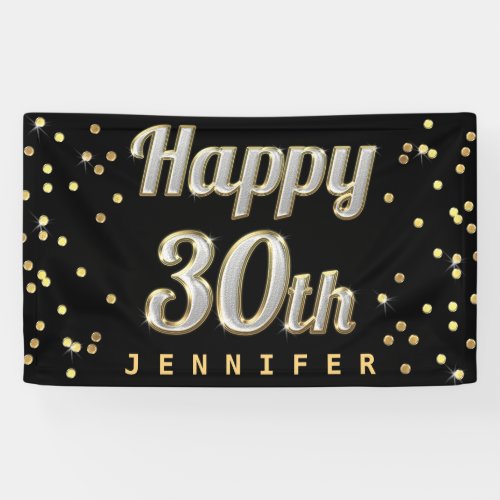 Happy 30th Bling Typography Gold Confetti Black Banner