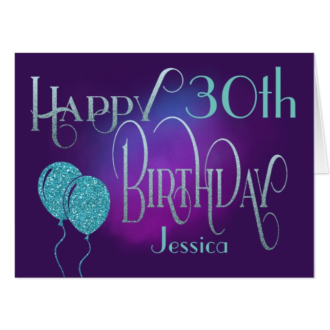 Happy 30th Name Purple Decorative Text Birthday Card (Front Horizontal)