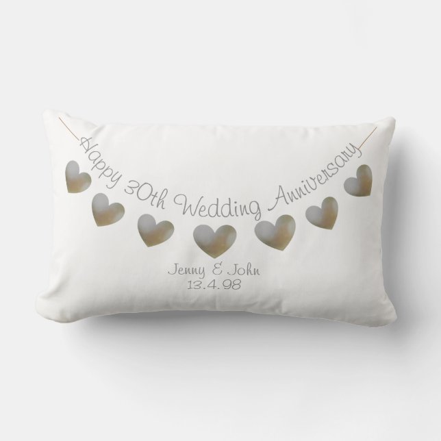 Happy 30th Wedding Anniversary pearl heart bunting Lumbar Pillow (Front)