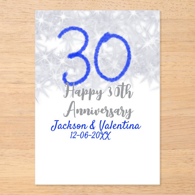 Happy 30th wedding anniversary silver blue glitter acrylic invitations (Front)