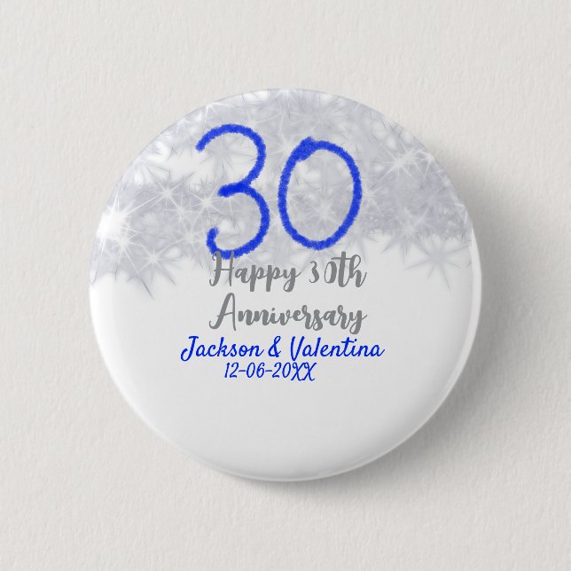 Happy 30th wedding anniversary silver blue glitter button (Front)