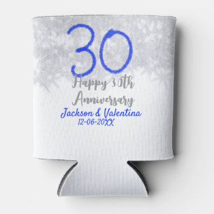 Happy 30th wedding anniversary silver blue glitter can cooler