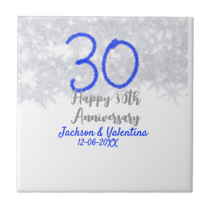 Happy 30th wedding anniversary silver blue glitter ceramic tile