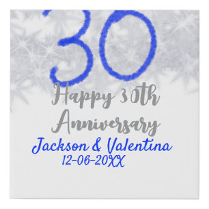 Happy 30th wedding anniversary silver blue glitter faux canvas print