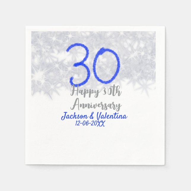 Happy 30th wedding anniversary silver blue glitter napkins (Front)