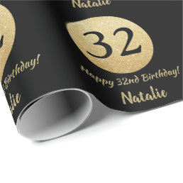 Happy 32nd Birthday Black and Gold Glitter Wrapping Paper
