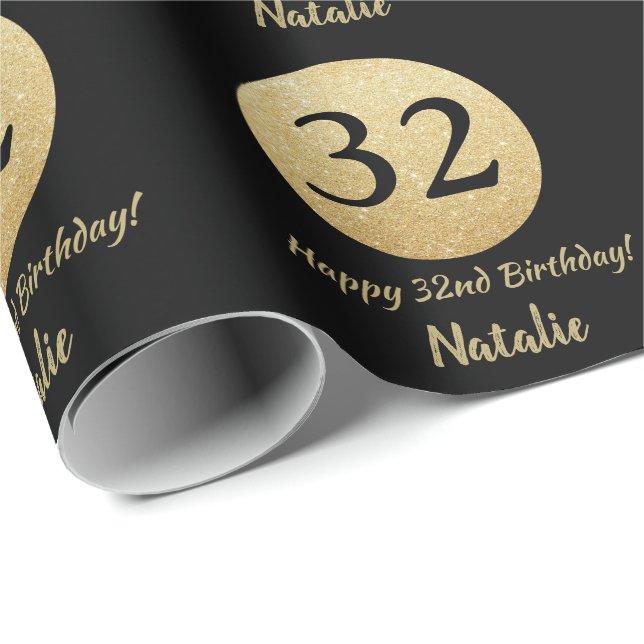 Happy 32nd Birthday Black and Gold Glitter Wrapping Paper (Roll Corner)