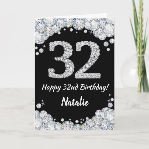 Happy 32nd Birthday Black and Silver Glitter Card